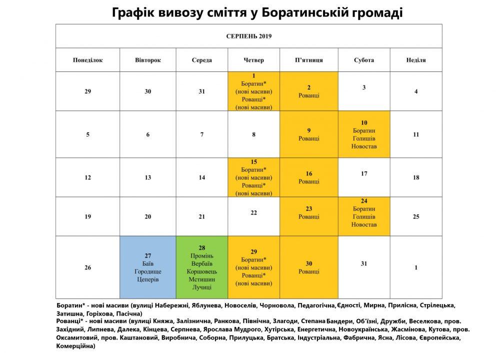Графік вивозу сміття на серпень