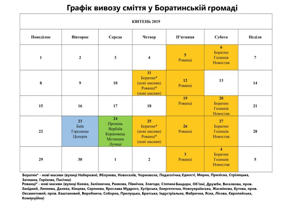 Графік вивозу сміття КВІТЕНЬ